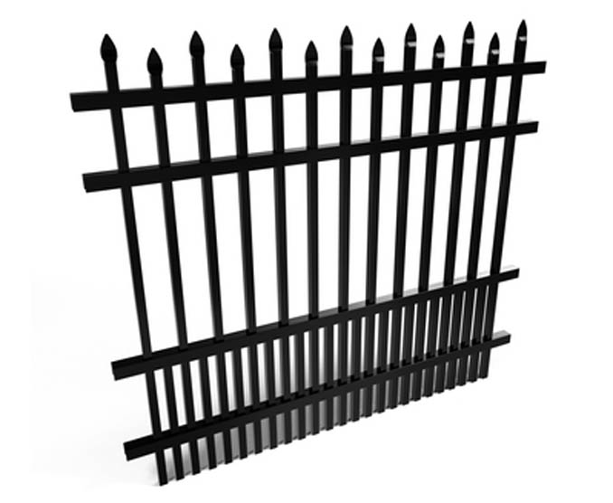 Black metal fence with pointed top bars and puppy pickets on a white background