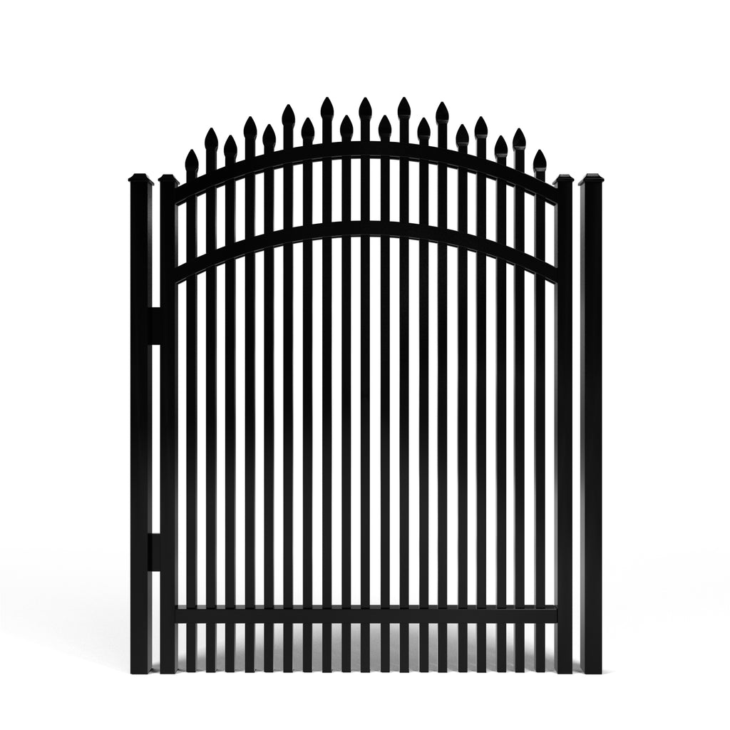 Black metal gate with vertical bars on a white background