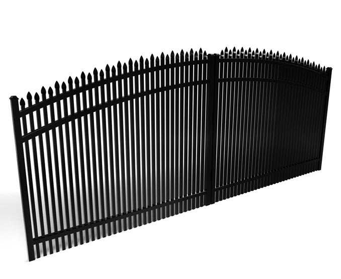 Black metal fence with pointed top on a white background