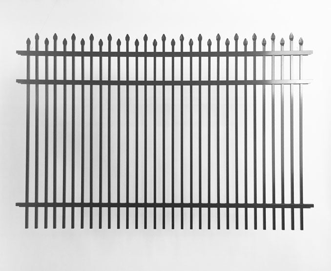 Metal aluminum fence with decorative top on a white background
