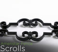 Decorative black metal fence scroll on a white background with 'Ameristar Fence Scrolls' text.