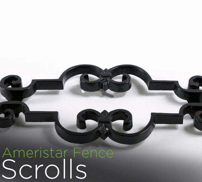 Decorative black metal fence scroll on a white background with 'Ameristar Fence Scrolls' text.