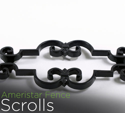 Decorative black metal fence scroll on a white background with 'Ameristar Fence Scrolls' text.