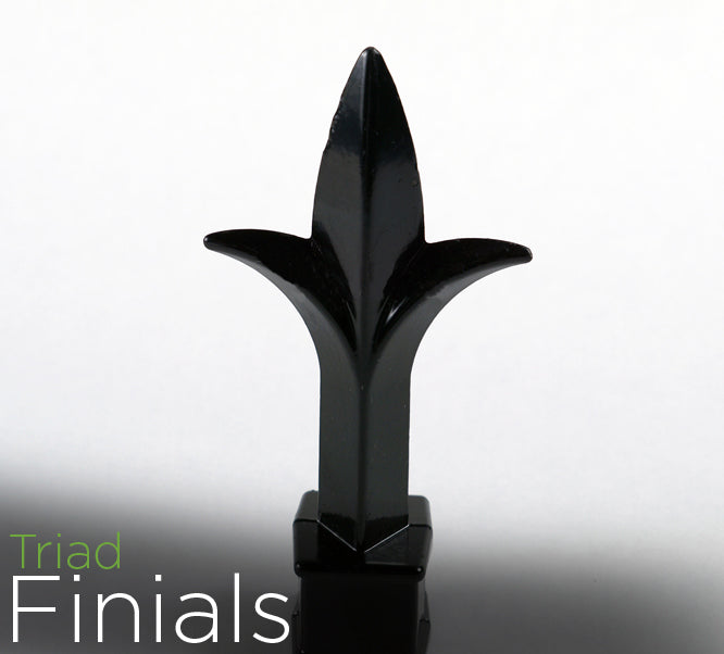 Black decorative finial on a reflective surface with 'Triad Finials' text.