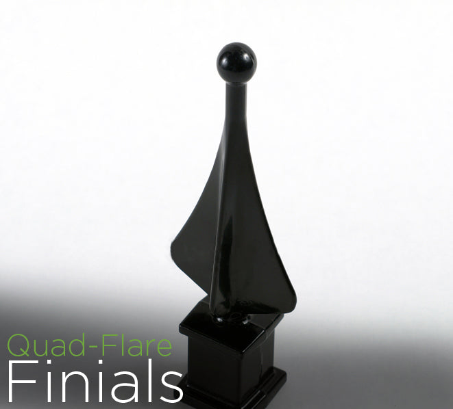 Black quad-flare finial on a white background with 'Quad-Flare Finials' text.