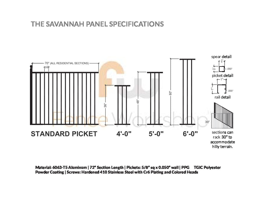 Technical drawing of an aluminum fence panel with dimensions and specifications labeled.