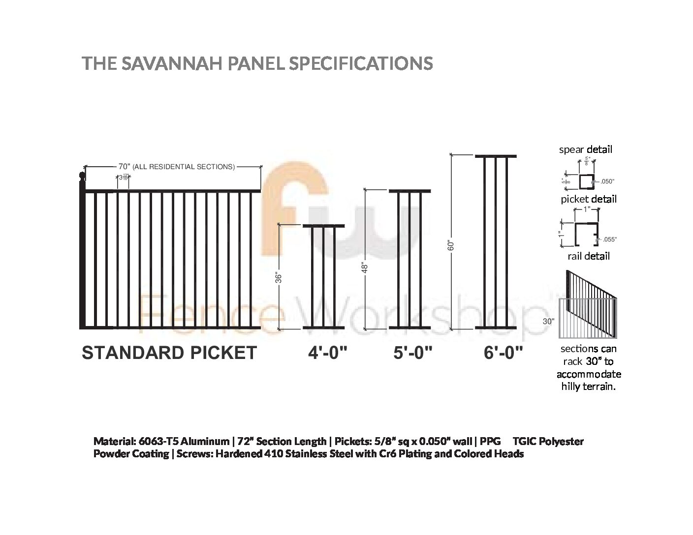Technical drawing of a 2-rail aluminum fence panel with dimensions and specifications labeled on a white background. 