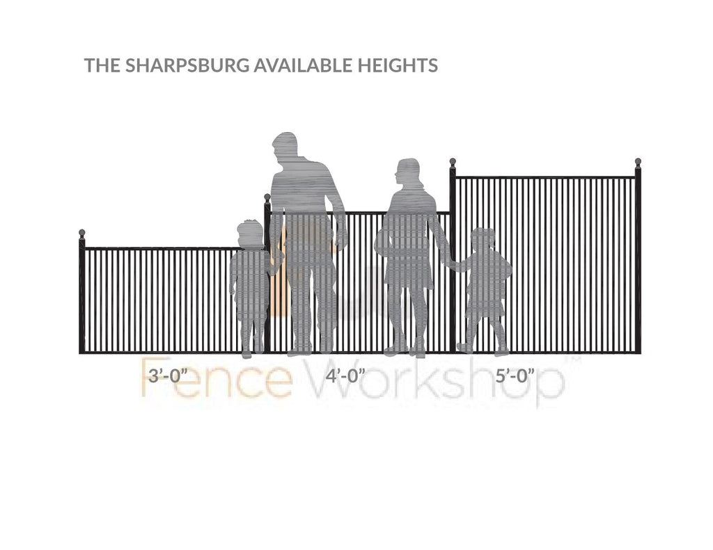 Diagram showing 2-rail metal fencing with available heights for a fence with silhouettes of people next to the fence.