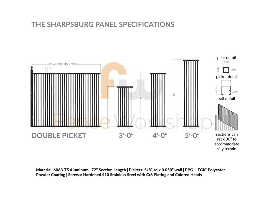 Technical drawing of an aluminum fence panel with dimensions and specifications.