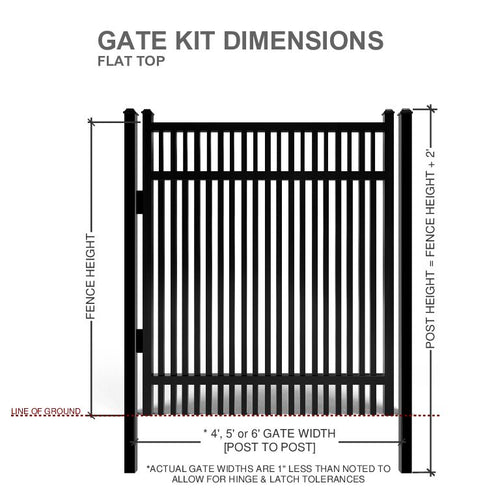 Diagram of an aluminum gate kit with dimensions labeled on a white background