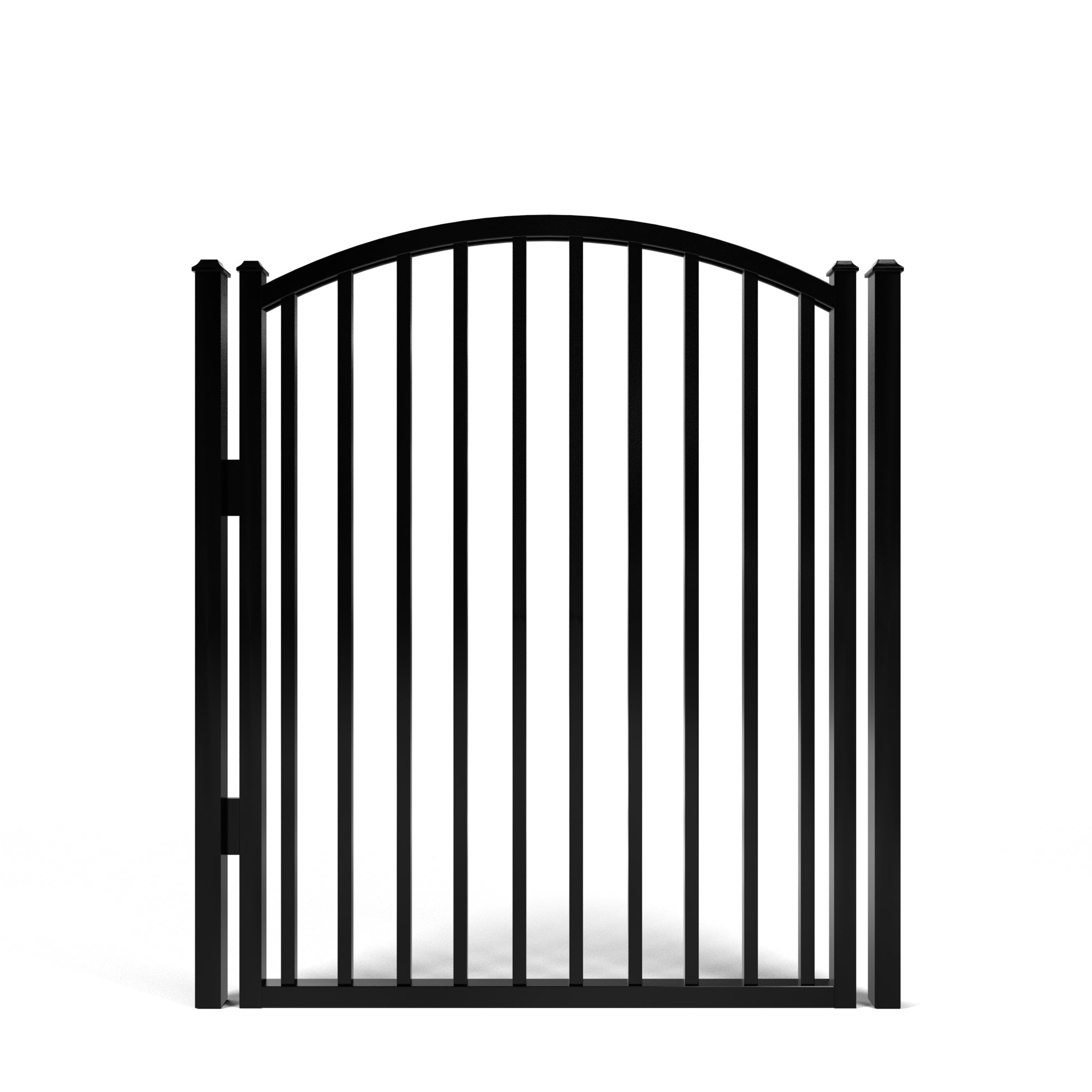 Black metal aluminum gate on a white background for pool