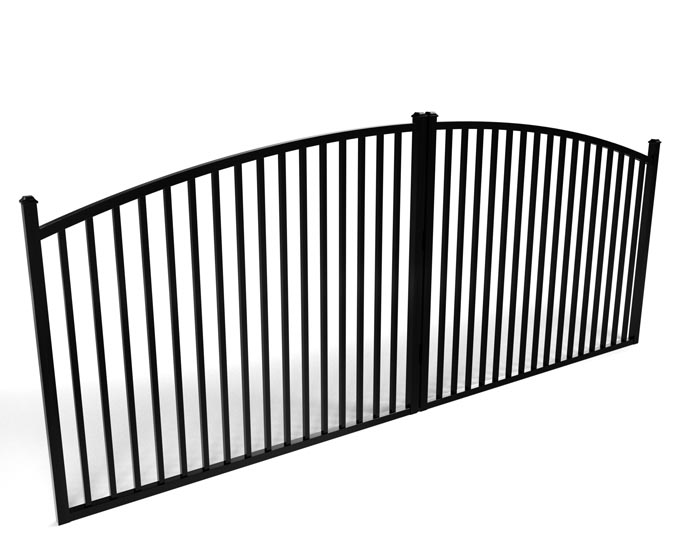 Black metal aluminum fence gate on a white background with 2 smooth top rails.