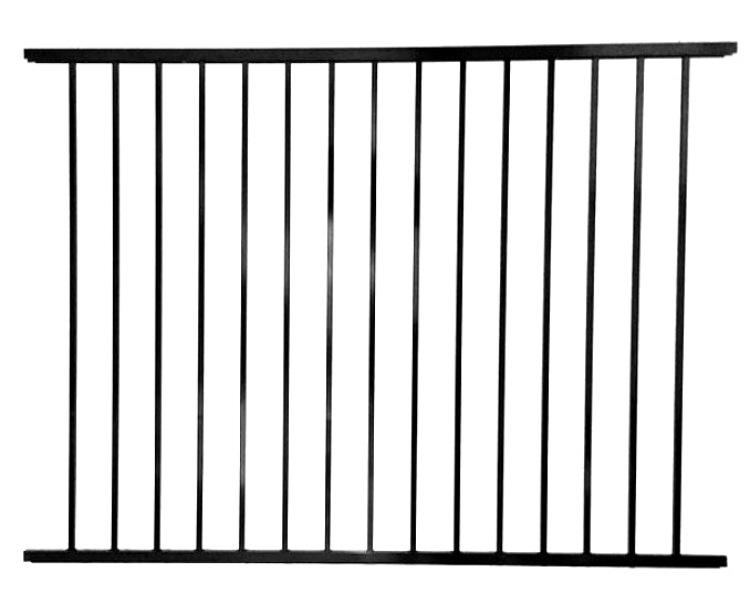 Black metal fence panel 2-rail aluminum fence on a white background