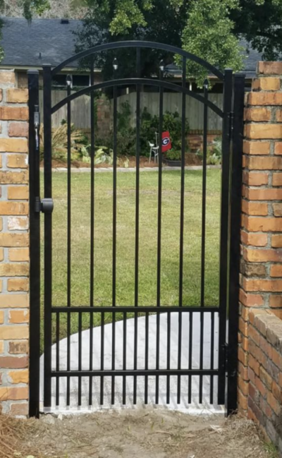 black aluminum walk gate kit with puppy pickets installed