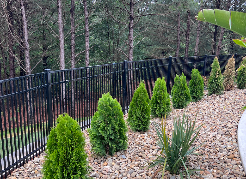 Black aluminum fence on a retaining wall and trees in the background.