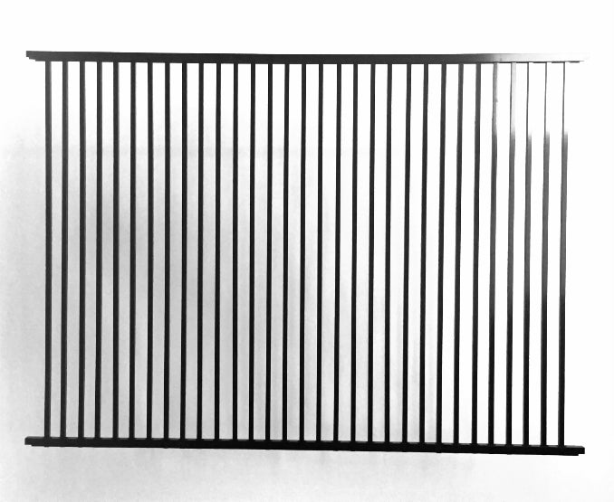 Black metal fence with double pickets for added security on a white background