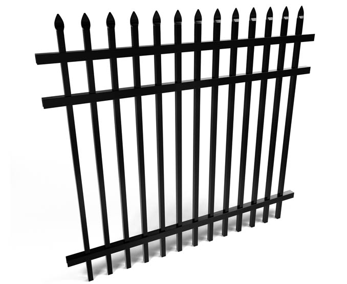Black metal fence with pointed top bars on a white background