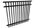 Aluminum black metal fence panel on a white background. Wholesale pricing. Quickship fence panel.