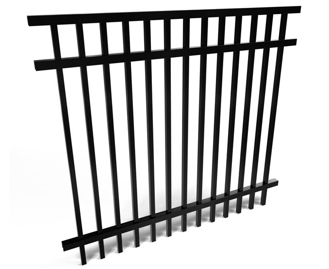 Aluminum black metal fence panel on a white background. Wholesale pricing. Quickship fence panel.
