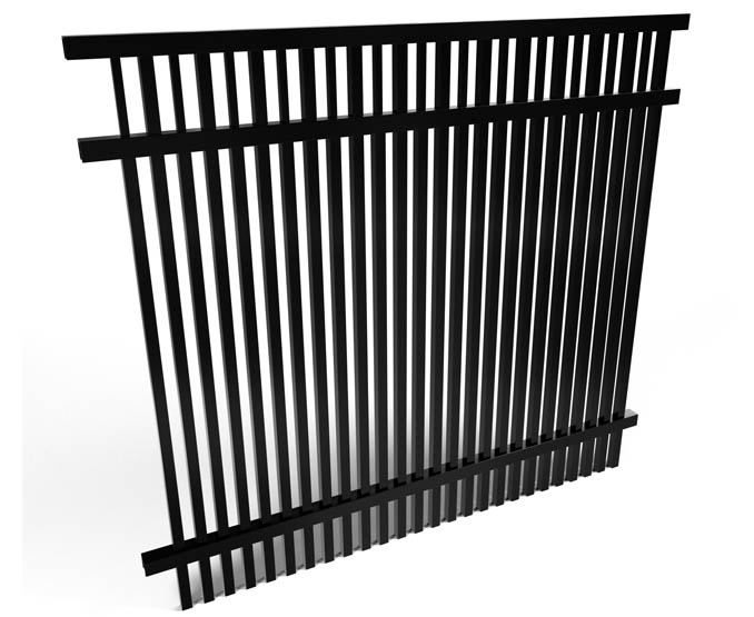 Black metal security fence panel on a white background