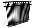 Black metal aluminum fence with decorative top on a white background