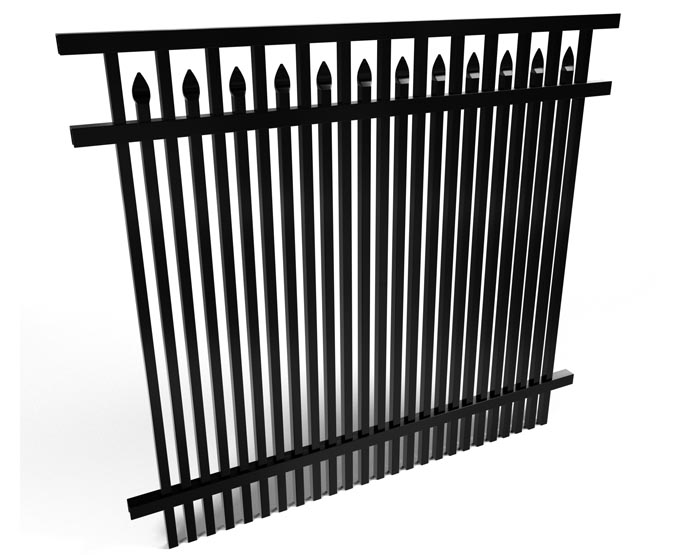 Black metal aluminum fence with decorative top on a white background