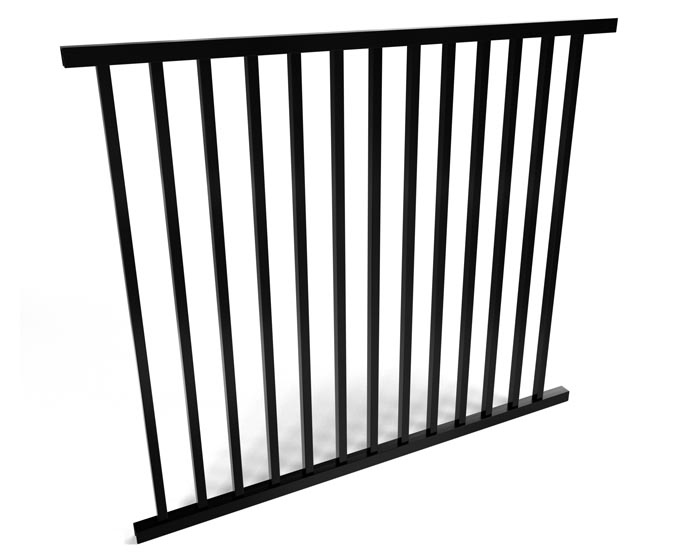 Black metal railing 2 rail aluminum fence panel that meets pool code on a white background