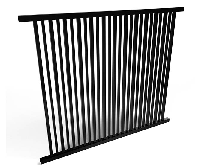 Black metal aluminum fence panel with double pickets for added security on a white background