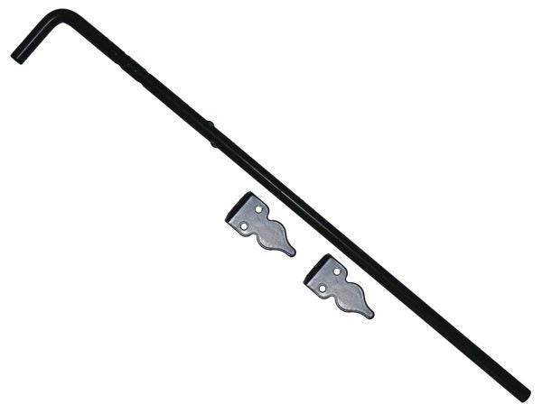 Black metal rod with two silver brackets for a double gate on a white background