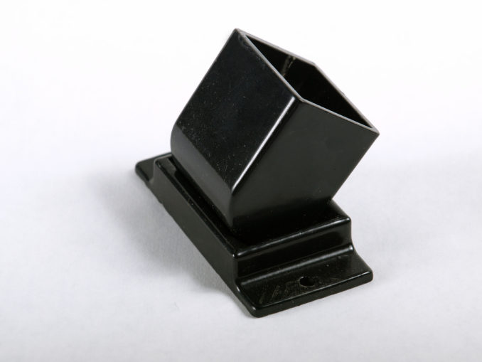 Black metal adjustable aluminum wall mount bracket for aluminum fencing on a white background
